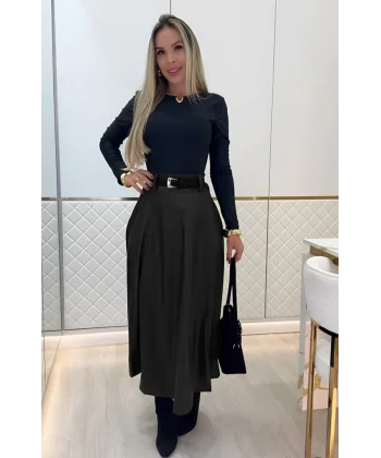 Kadın Yüksek Belli Maxi Deri Kemersiz Etek