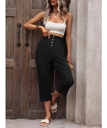 Kadın Yüksek Belli önden Düğmeli Ithal Keten Pantolon