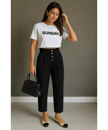 Kadın Yüksek Belli önden Düğmeli Ithal Keten Pantolon