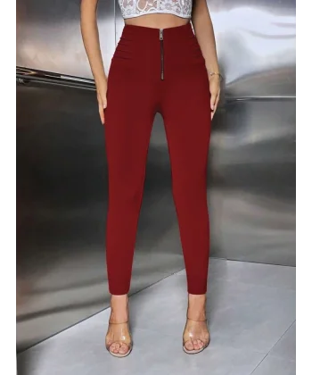 Kadın Yüksek Belli önden Fermuar Ve Nervur Detaylı Dalgıç Tayt