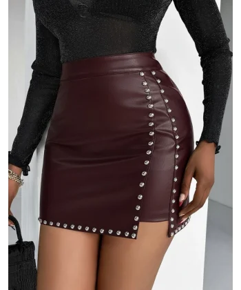 Kadın Yüksek Belli Yandan çivili Mini Deri Etek