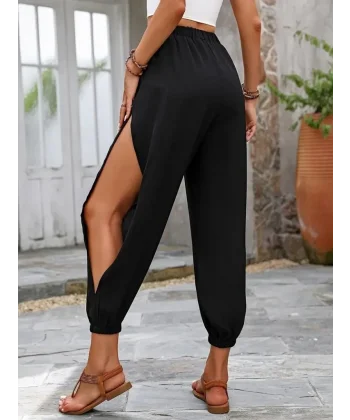 Kadın Yüksek Belli Yanlardan çapraz Detay Yırtmaçlı Viskon Pantolon