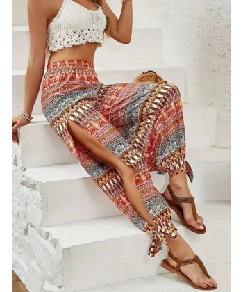 Kadın Yüksek Belli Yanlardan Yırtmaç Detaylı Desenli Bürümcük Pantolon