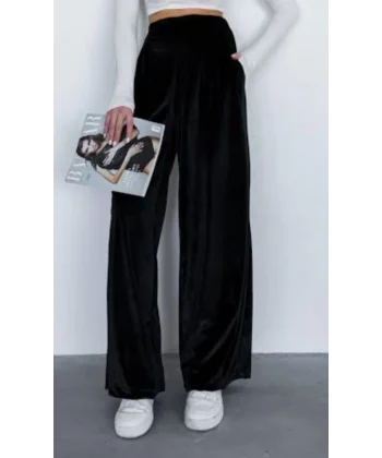 Kadın Yüksek Ben Beli Lastik Detay Kadife Kumaş Bol Paça Pantolon