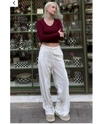 Kadın Yüksek Ben Beli Lastik Detay Kadife Kumaş Bol Paça Pantolon