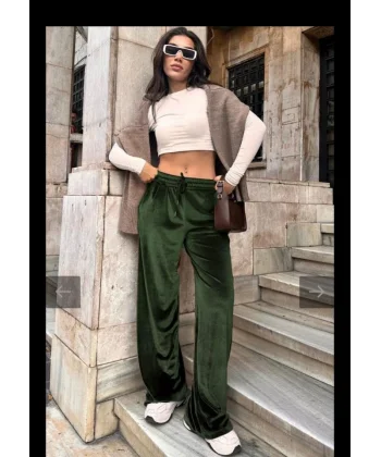 Kadın Yüksek Ben Beli Lastik Detay Kadife Kumaş Bol Paça Pantolon