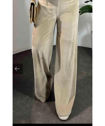Kadın Yüksek Ben Beli Lastik Detay Kadife Kumaş Bol Paça Pantolon