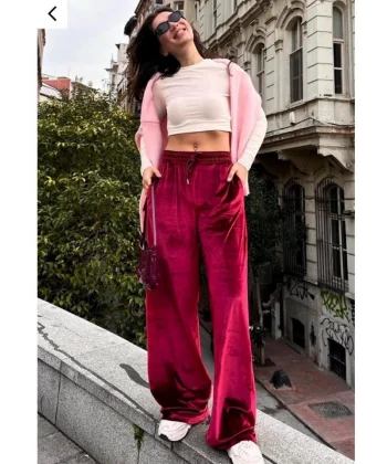 Kadın Yüksek Ben Beli Lastik Detay Kadife Kumaş Bol Paça Pantolon