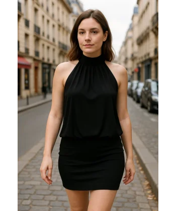 Kadın Yüksek Yaka Büzgü Detaylı Şifon Garnili Sandy Kumaş Fırsat Ürün Diz Üstü Elbise