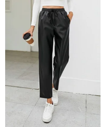 Kadın Yüksel Bel Bağcıklı Deri Pantolon