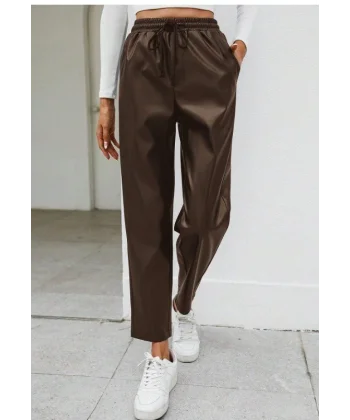 Kadın Yüksel Bel Bağcıklı Deri Pantolon