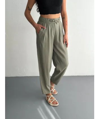 Kadın Yüksel Bel Beli Bağcıklı Cepli Rahat Paça Pantalon - Su Yeşili