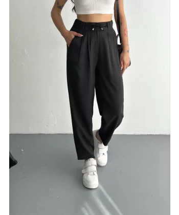 Kadın Yüksel Bel Beli Bağcıklı Rahat Cepli Boru Paça Pantalon - Siyah