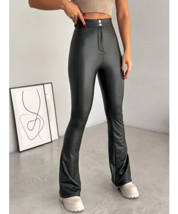 Kadın Yüksel Bel çift Düğme Detay Ispanyol Paça Dar Kalıp şardonlu Pantolon