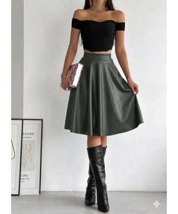 Kadın Yüksel Bel Deri Kloş Etek