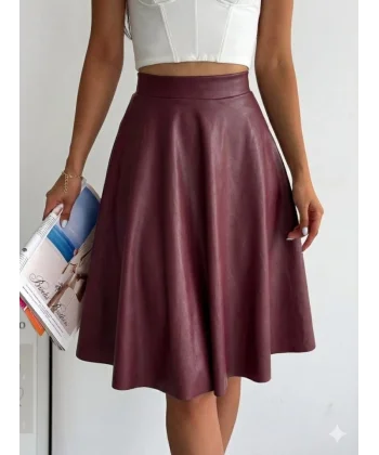 Kadın Yüksel Bel Deri Kloş Etek