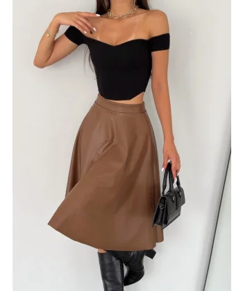 Kadın Yüksel Bel Deri Kloş Etek