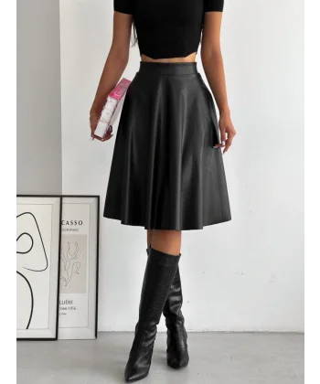 Kadın Yüksel Bel Deri Kloş Etek
