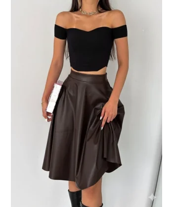 Kadın Yüksel Bel Deri Kloş Etek