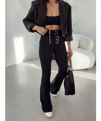 Kadın Yüksel Bel Düğme Ve Fermuar Detay çelik Kumaş Ispanyol Paça Tayt