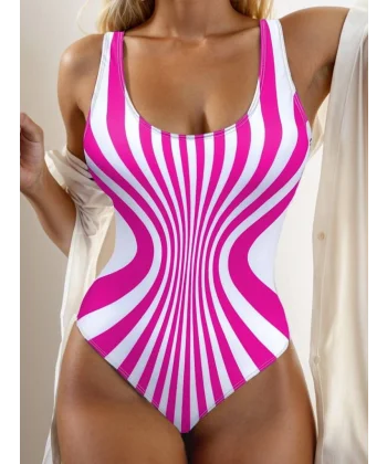 Kadın Yuvarlak Yaka Askılı Zebra Desen Baskılı Dalgıç Mayo