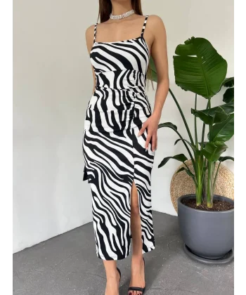 Kadın Zebra Baskılı Omuz Askılı Sırt Dekolteli Yırtmaç Detay Elbise