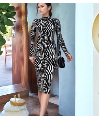 Kadın Zebra Desen Süet Kumaş Fırsat ürün Midi Boy Elbise