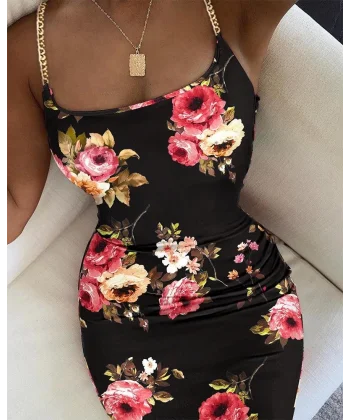 Kadın Zincir Askılı Yuvarlak çiçek Baskılı Midi Dalgıç Elbise