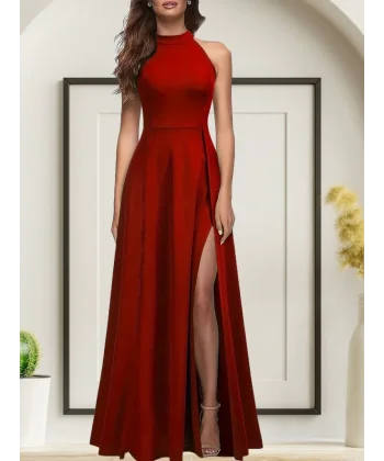 Kadınhalter Yaka Derin Yırtmaç Detaylı Tam Boy Ithal Krep Abiye Elbise