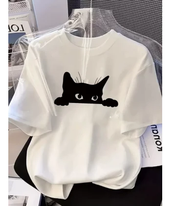 Kadınlar için Şık Siyah Kedi Grafik Tişört - Oversize Kısa Kollu Üst, Nefes Alabilir Polyester Karışımı, Makinede Yıkanabilir - Mükemmel Yaz Modası - Beyaz