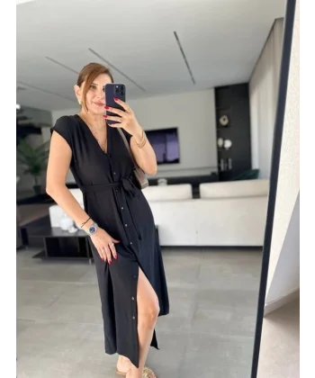 Kadınn V Yaka Düğme Detay Kuşak Dahil Elbise