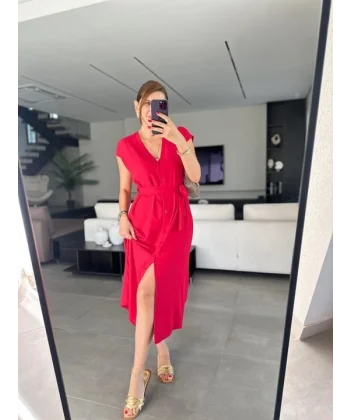 Kadınn V Yaka Düğme Detay Kuşak Dahil Elbise