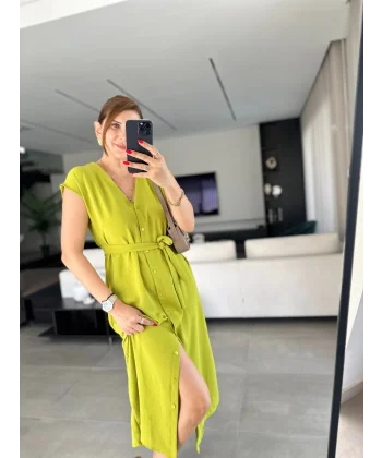 Kadınn V Yaka Düğme Detay Kuşak Dahil Elbise