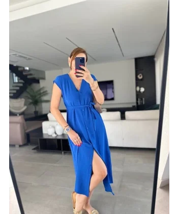 Kadınn V Yaka Düğme Detay Kuşak Dahil Elbise