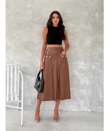 Kadınyüksek Bel Cep Ve Düğme Detay Fırsat ürün idi Boy Deri Etek