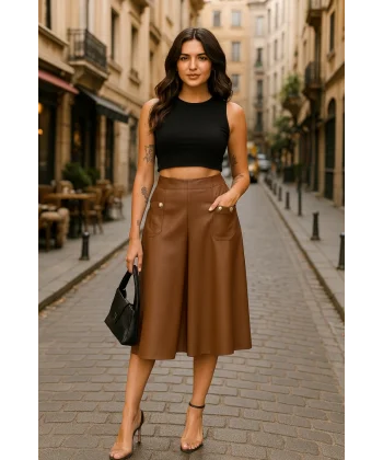 Kadınyüksek Bel Cep Ve Düğme Detay Fırsat ürün Midi Boy Deri Etek