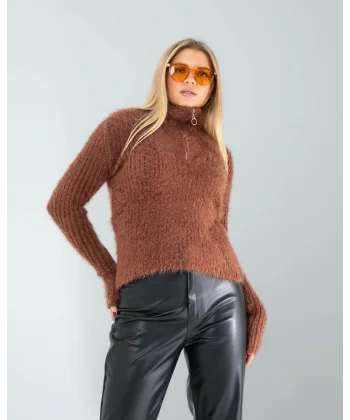 Kahve Fermuarlı Sakal Triko