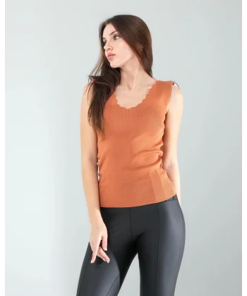 Kahve Merdiven Yaka Kalın Askı Crop Bluz