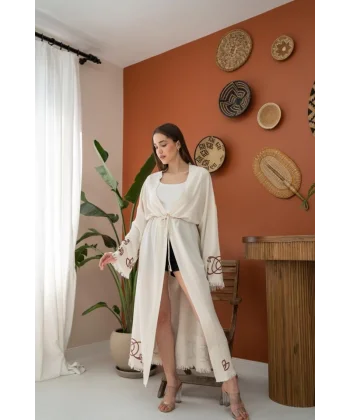 Kahverengi Baskı Detay Keten Hırka