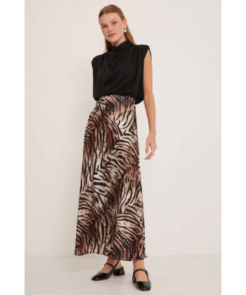 Kahverengi Bej Desenli Saten Etek 15877