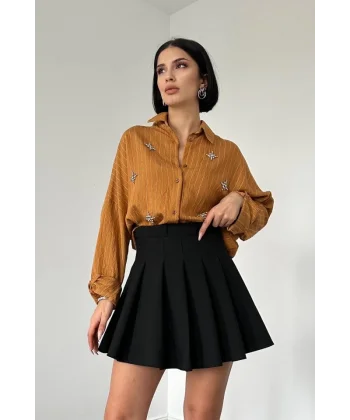 Kahverengi Çizgili Kristal Taşlı Klasik Gömlek