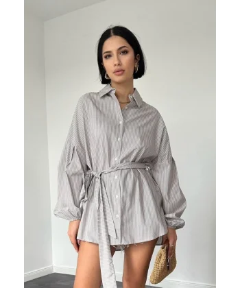 Kahverengi Çizgili Poplin Kuşaklı Gömlek