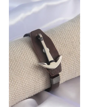 Kahverengi Deri Model Gümüş Renk Çapa Figür Erkek Bileklik