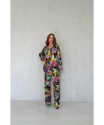 Kahverengi Dijital Desenli Gömlek Ve Pantolon Takım