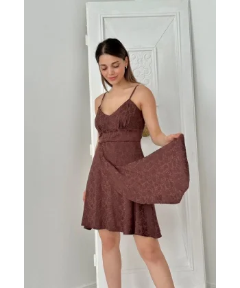 Kahverengi Jakarlı Asimetrik Elbise