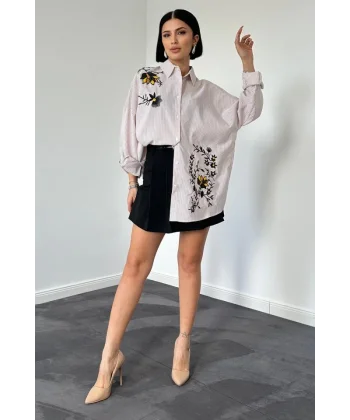 Kahverengi Klasik Bedensiz Çizgili Poplin Nakışlı Gömlek