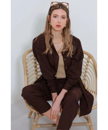 Kahverengi Oversize Keten Alt Üst Takım 6622