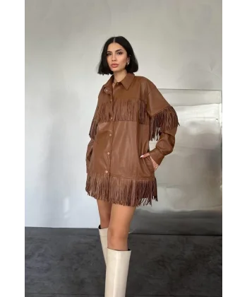 Kahverengi Püsküllü Deri Gömlek