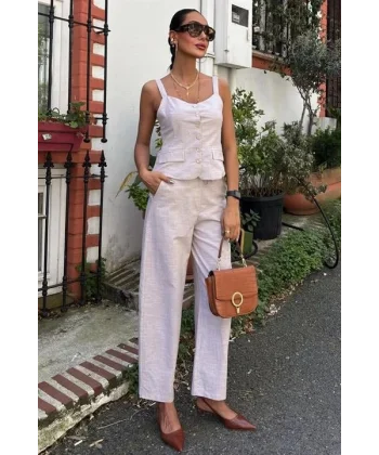 Kalın Askılı Bluz Pantolon Keten Takım 10187