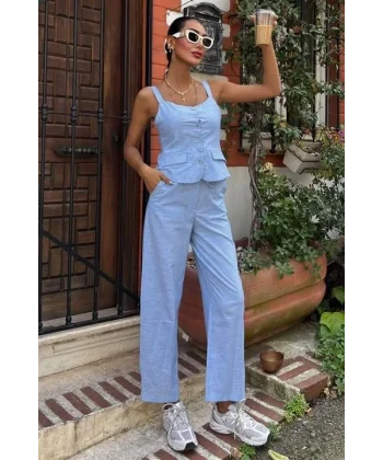 Kalın Askılı Bluz Pantolon Keten Takım 10187